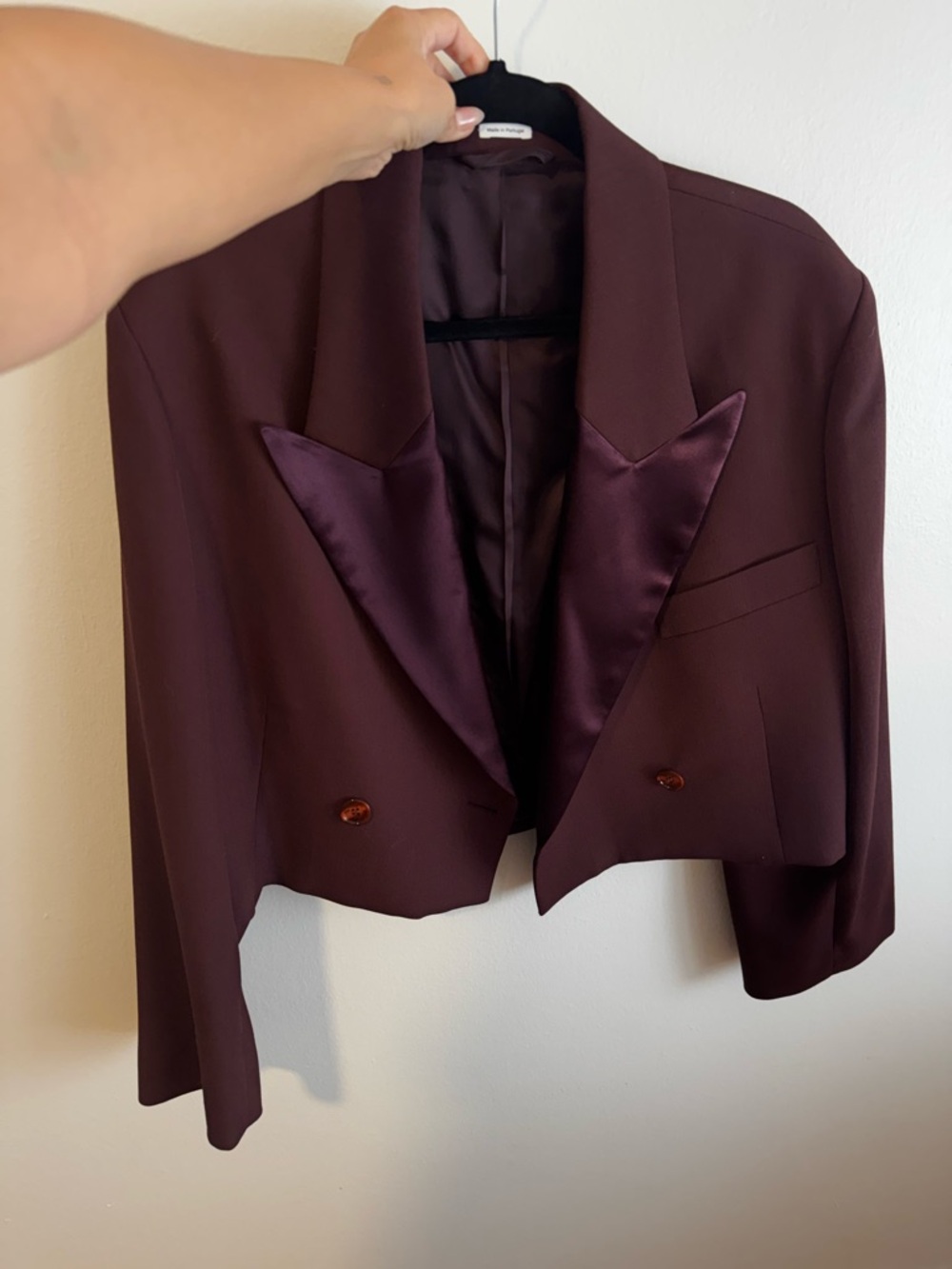 Acne Studios Burgundy Cropped Double-Breasted Oversized Blazer with Satin Lapels - Picture 3 of 4